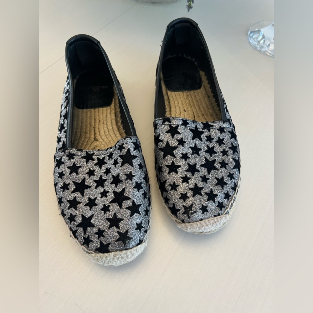 Saint Laurent espadrilles with silver glitter and black stars, 38.5 US 8.5